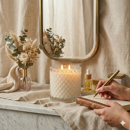 Woman journaling during a self-love ritual beside a luxury candle while reflecting on personal growth and identity shifts.