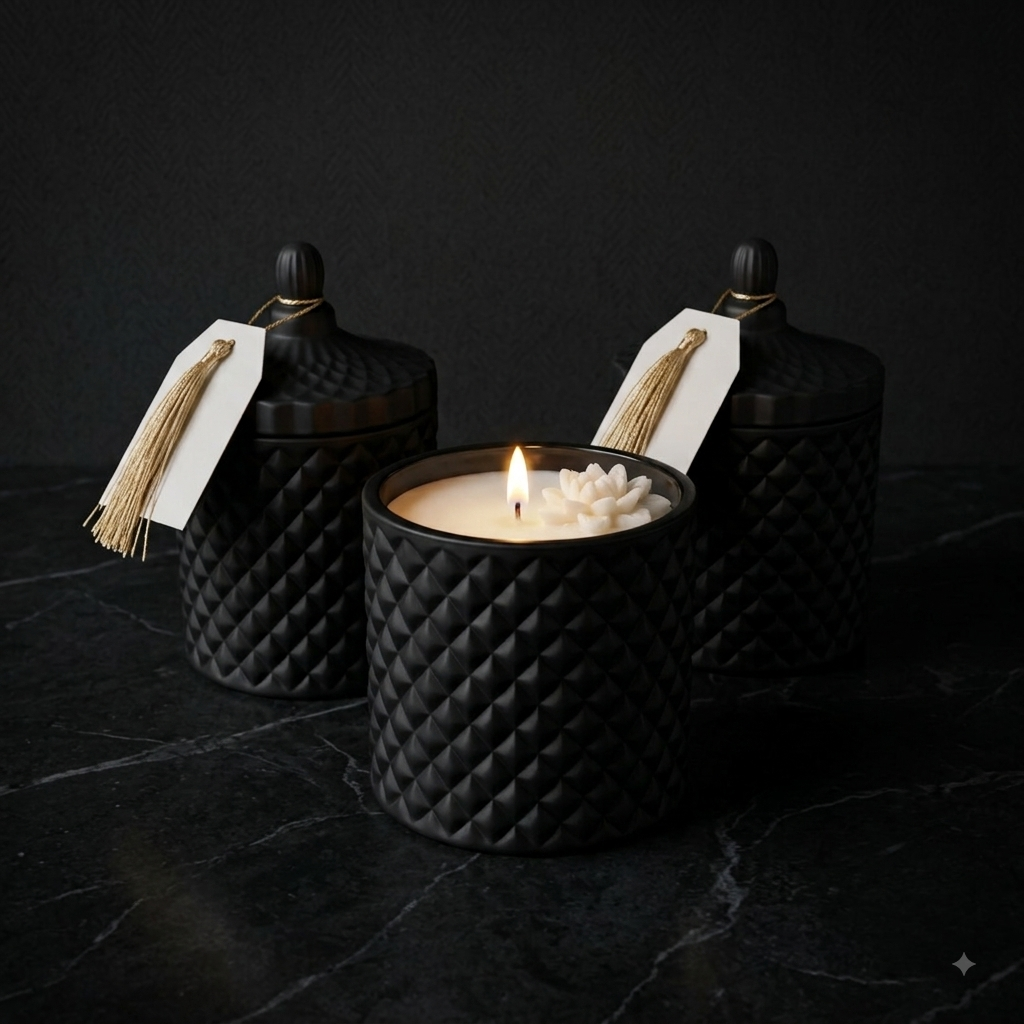 Everlucent Noir black textured candle jar with gold tassel tag, styled on dark stone surface