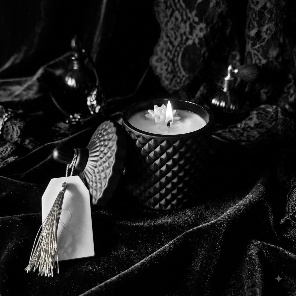 Everlucent Noir black textured candle jar with gold tassel tag, styled on dark stone surface