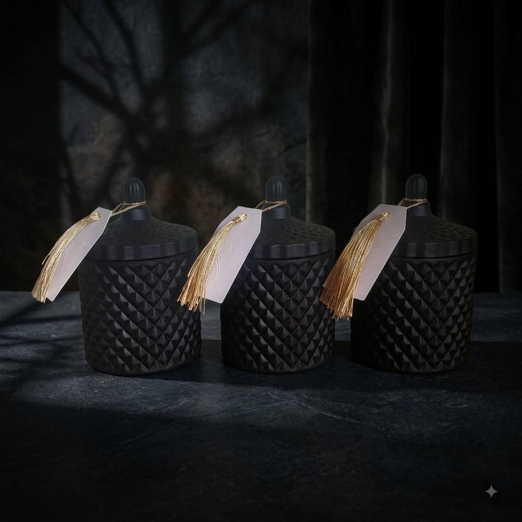 Three Everlucent Noir candle jars arranged on dark stone with moody atmospheric backdrop