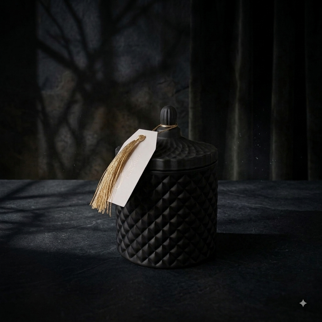 Everlucent Noir black textured candle jar with gold tassel tag, styled on dark stone surface